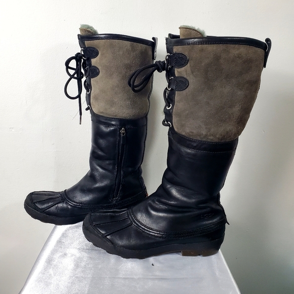 UGG Black Belcloud Waterproof Leather Lace Up Plush Lined Boots Size 8 - Picture 4 of 15